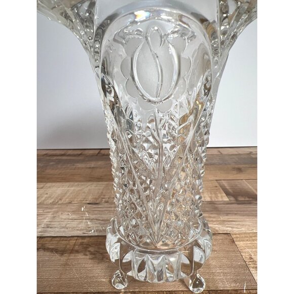Vintage Lead Crystal Vase With Floral Etching & Scalloped Rim, Sawtooth - Picture 2 of 4